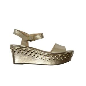 SCHUTZ Metallic Gold Leather Studded Platform Wedge Sandals Ankle Strap Size 10